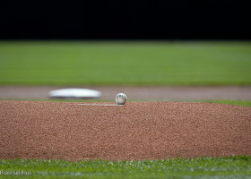 Baseball on the pitchers mound between innings.  (photo by Brad Schloss)